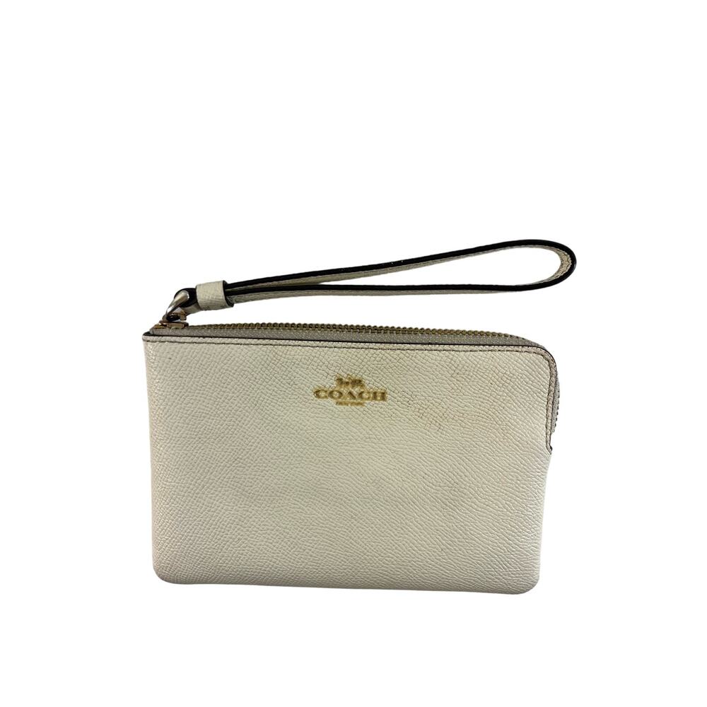 Coach Women's Corner Zip Pebbled Leather Wristlet Ivory White‎ Minimalist Simple